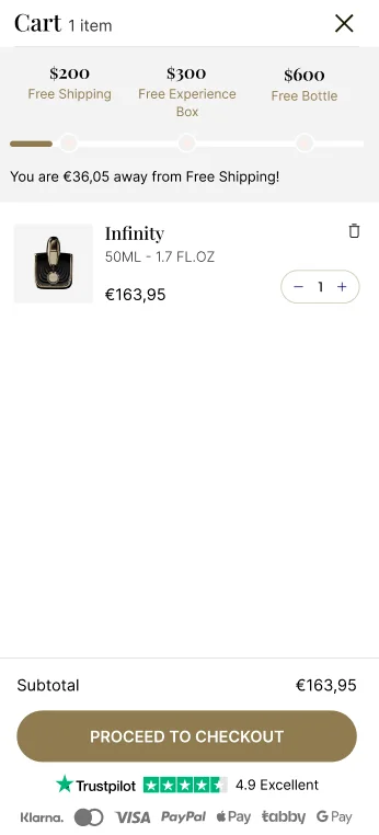 香水购物车的门槛优惠设计：$200 免运费、$300 免费试香盒、$600 免费正装
