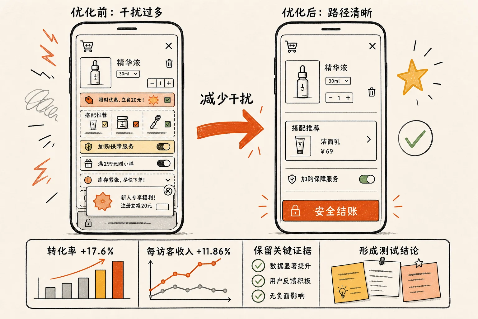 手绘 A/B 测试证据板：从杂乱购物车到清晰购物车